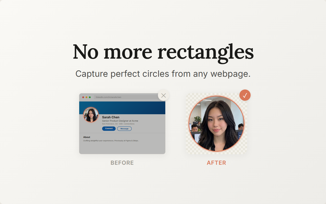Before and after — rectangle screenshot of a LinkedIn profile versus a perfect circle crop with transparent PNG background. No more rectangles.