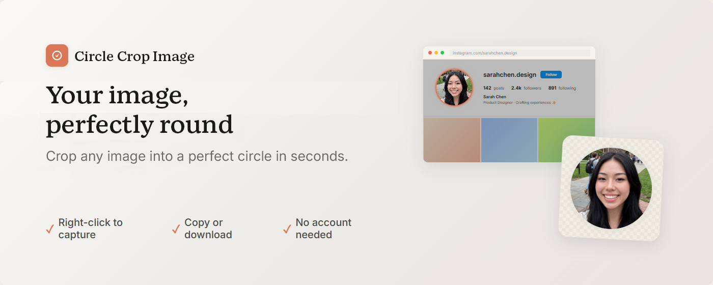 Circle Crop Image — crop any photo into a perfect circle and download a transparent PNG. Free Chrome extension, also captures circular screenshots from any webpage.